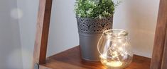 a potted plant sitting on top of a wooden shelf next to a glass jar