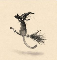 a black and white drawing of a cat wearing a witches hat, running through the snow