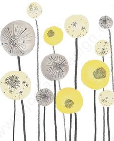 an illustration of dandelions with yellow and gray colors on them, in the middle of