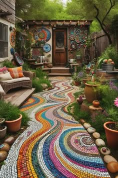 a colorful walkway with lots of potted plants