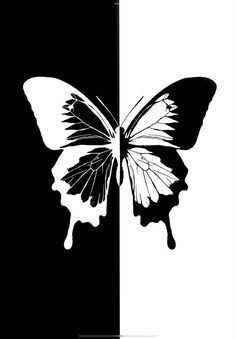 a black and white image of a butterfly with paint dripping from it's wings