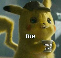 the pikachu is holding a coffee cup in his hand and pointing at something