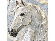 a painting of a white horse with black eyes