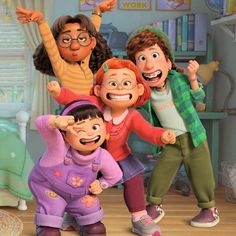 an animated family posing for a photo in their room with the child's hands up