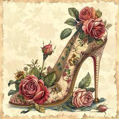 a high heeled shoe with roses painted on the front and side, sitting in front of a floral background