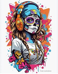 a woman with headphones and skull makeup