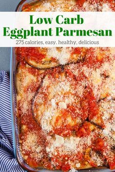 low carb eggplant parmesan casserole in a blue dish