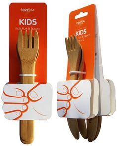 three forks and two knives are in the packaging for children's utensils