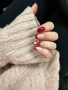 Christmas Bow French Tip Nails, December Minimalist Nails, Holiday Short Square Nails, Red Christmas Manicure, Cherry Nails Christmas, Nails Bow Christmas, Bow Nails Valentines, Red Nail Designs For Christmas, Winter Nails Inspo Aesthetic