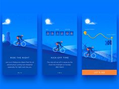 three mobile app screens showing the different stages of riding bikes in the night and on the road