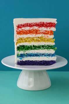 a slice of rainbow cake on a white plate against a blue background with the word happy birthday written below it