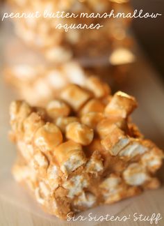 there are many pieces of food on the table with words above it that say, peanut butter marshmallow squares