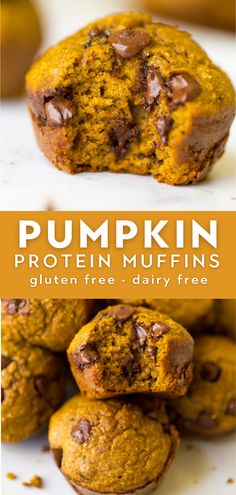 pumpkin muffins stacked on top of each other with text overlay that reads protein pumpkin muffins gluten free dairy free