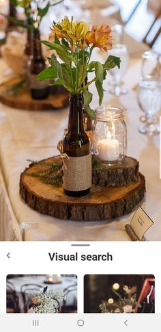 an image of a table setting with flowers in vases and candles on the table