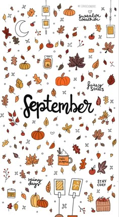 an autumn poster with the words, october and leaves in black ink on a white background