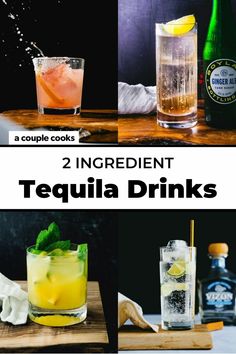 two different types of tequila drinks on a wooden cutting board with the title 2 ingredient tequila drinks