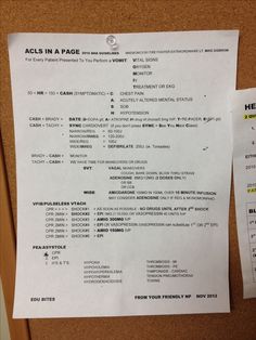 a piece of paper that has been placed on top of a bulletin board with the words acls in a page