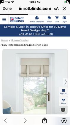 an image of a white door and window with blinds on the top, and below it is