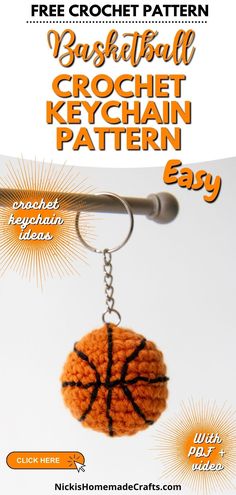 This free pattern and video tutorial will show you how to make a basketball crochet keychain. It's the perfect quick gift for basketball fans or sports lovers. Get the crochet pattern free from Nicki's Homemade Crafts. #crochetkeychain #sportscrafts #crochet #nickishomemadecrafts #crochetbasketball Crochet Baseball Keychain Pattern Free, Basketball Crochet, Crochet Basketball, March Madness Parties, Basketball Keychain, Keychain Pattern, Advanced Crochet, Crochet Keychain Pattern, Clip On Charms