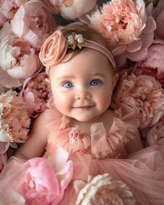 a baby girl wearing a pink dress surrounded by flowers