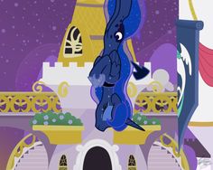 an animated image of a blue horse standing in front of a castle with the words tv y on it