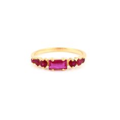 Ruby Melange Band featuring a center ruby baguette, set horizontally with accompanying cirque cut rubies. A perfect piece to be worn solo or as part of a ring stack. - Pinkish red rubies approx. 2.41 carats- Set in 22 karat gold overlay silver.- Size 7, resizable. Pinkish Red, Ring Stack, Gold Overlay, Aqua Marine, Pendant Rings, Throw Quilt, Stacking Rings, Ear Cuff, Bangle Bracelets