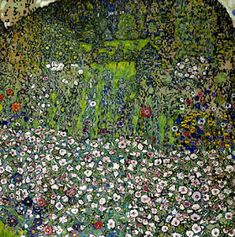 an image of a painting with flowers in the grass and trees on the other side