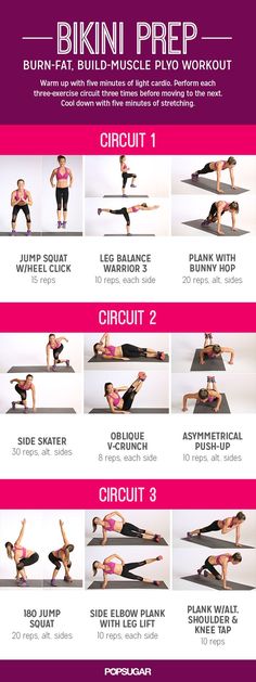 Bikini Prep: Burn fat, build muscle - Plyo workout Plyo Workouts, Pop Sugar, Printable Workouts, Popsugar Fitness, Circuit Workout, Jumping Jacks, Burn Fat, Popsugar