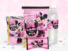 minnie mouse birthday party supplies including water bottle, snack bag and candy bar wrapper