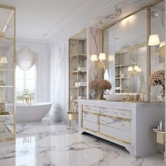 an elegant bathroom with marble floors and gold accents