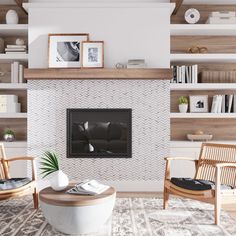 a living room with two chairs and a fire place in the middle of the room