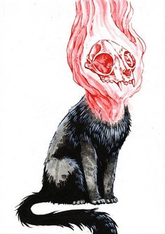 a drawing of a cat with a skull on it's head and flames coming out of its mouth