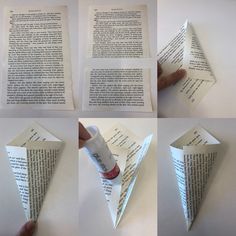 four images showing how to fold an origami book page into a paper airplane