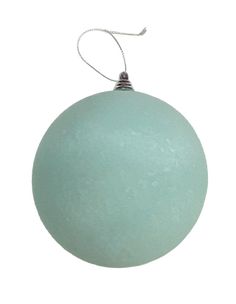 a light blue ball ornament hanging from a string