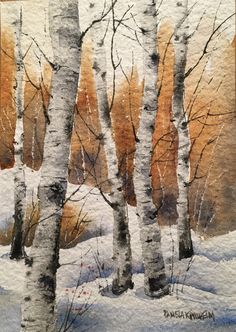 watercolor painting of trees in winter with snow on the ground and orange sky behind them