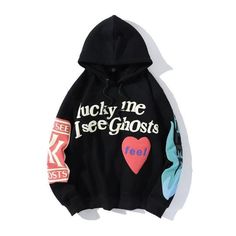 Kanye West Graffiti Letter Print Hoodie Lucky Me I See Ghosts, I See Ghosts, Mode Harajuku, Stranger Things Hoodie, Estilo Harajuku, Velvet Sweatshirt, Lucky Me, Oversized Streetwear, Hoodie Oversize