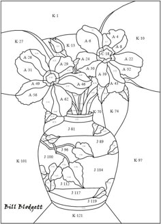 a vase with flowers in it and numbers on the side, as well as an image of