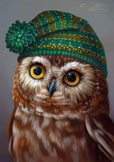 an owl wearing a green hat with yellow eyes