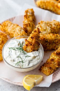 fried fish sticks with ranch dip and lemon wedges