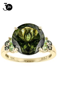 4.63ct Round Moldavite And 0.24ctw Round Tsavorite With 0.04ctw Round Green Diamond Accent 10K Yellow Gold Ring. Measures Approximately 0.69"L x 0.46"W. Black Rhodium. Green Diamond, Black Rhodium, Yellow Gold Ring, 10k Gold, Yellow Gold Rings, Gold Ring, Gold Rings, Yellow Gold, Ring