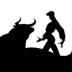 the silhouette of a man standing next to a bull on top of a hill,