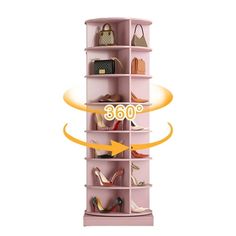 a tall pink shelf with shoes and purses on it's sides, labeled 360