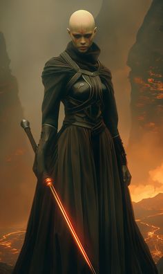 a star wars character standing in front of a dark background with two lightsabens