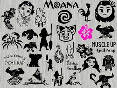 the disney characters and their names are drawn in black ink on a gray background with pink accents