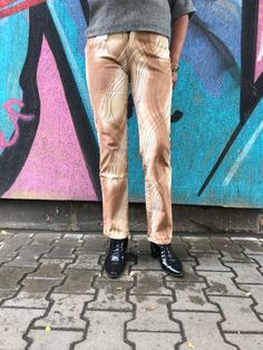 Vintage Trussardi jeans in beige and brown abstract pattern . Labeled as 43 , 29 , UK 27 they fit like M . Made from cotton and elastane . Width waist - 70 cm / 27,5 inches , rise - 25 cm / 9.8 inches , inseam - 77 cm / 30 inches , length -98 cm / 38.5 inches , hips - 94 cm / 37 . Perfect condition Trussardi Jeans, Designer Pants, Maxi Dress Cotton, Pants Design, Natural Silk, Vintage Button, Designer Jeans, Vintage Designer, Wool Dress