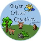 a button that says kinder critter creations with animals and trees in the background