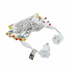 the white cord is connected to two different electrical cords with colorful lights on each end