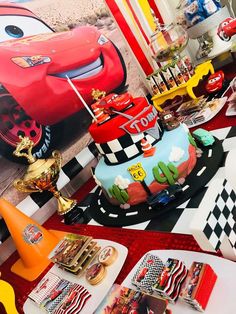 cars themed birthday party with cake and desserts