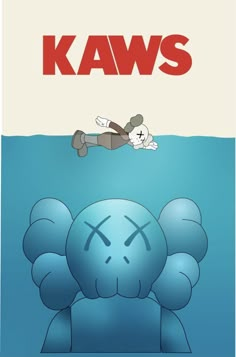 a cartoon character floating in the water next to a stuffed animal that says kaws