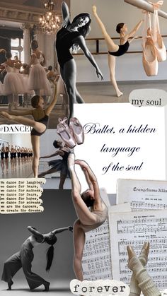 a collage of ballet images with words written in english and french on the bottom